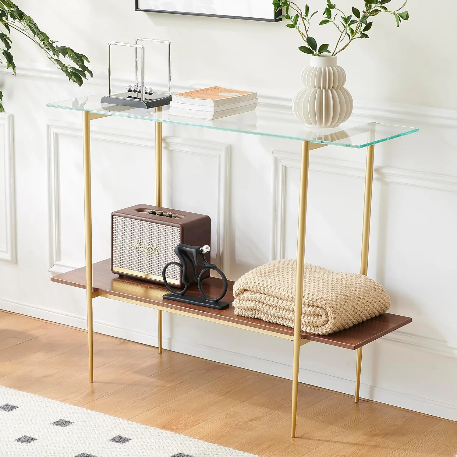 AGV 202401 2-Tier Glass Wood Console Table, Mid-Century Modern Style, Perfect for Living Room, Entryway, Foyer, D41×H31.5, Clear Glass Top & Walnut Wood Top & Gold Finish Metal Frame