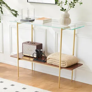 AGV 202401 2-Tier Glass Wood Console Table, Mid-Century Modern Style, Perfect for Living Room, Entryway, Foyer, D41×H31.5, Clear Glass Top & Walnut Wood Top & Gold Finish Metal Frame