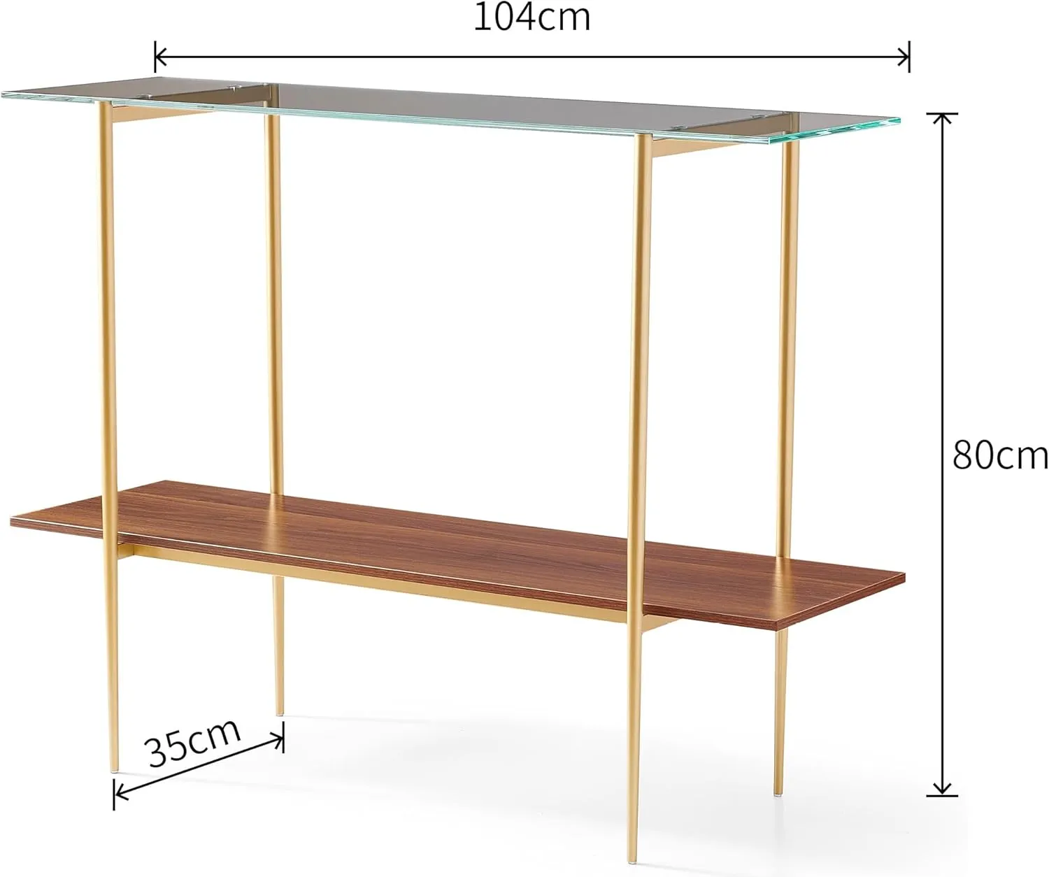 AGV 202401 2-Tier Glass Wood Console Table, Mid-Century Modern Style, Perfect for Living Room, Entryway, Foyer, D41×H31.5, Clear Glass Top & Walnut Wood Top & Gold Finish Metal Frame
