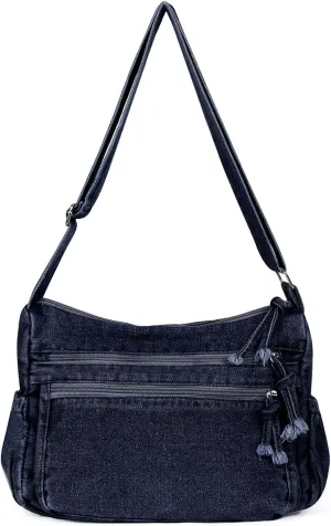 ALUSBELL Large Denim Tote Bag for Women Lightweight Denim Purses Jean Shoulder Bag Retro Crossbody Handbags