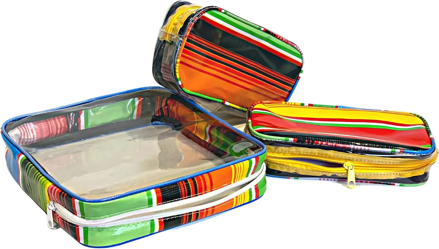 Alux 3-Pc Travel Makeup Bags for Women; Multi-Color, Chic and Stylish Travel Toiletry Bag Set; Large and Medium Makeup Bags for Vanity and Luggage and Small Makeup Bag for Purse - Serape Blue and Yellow