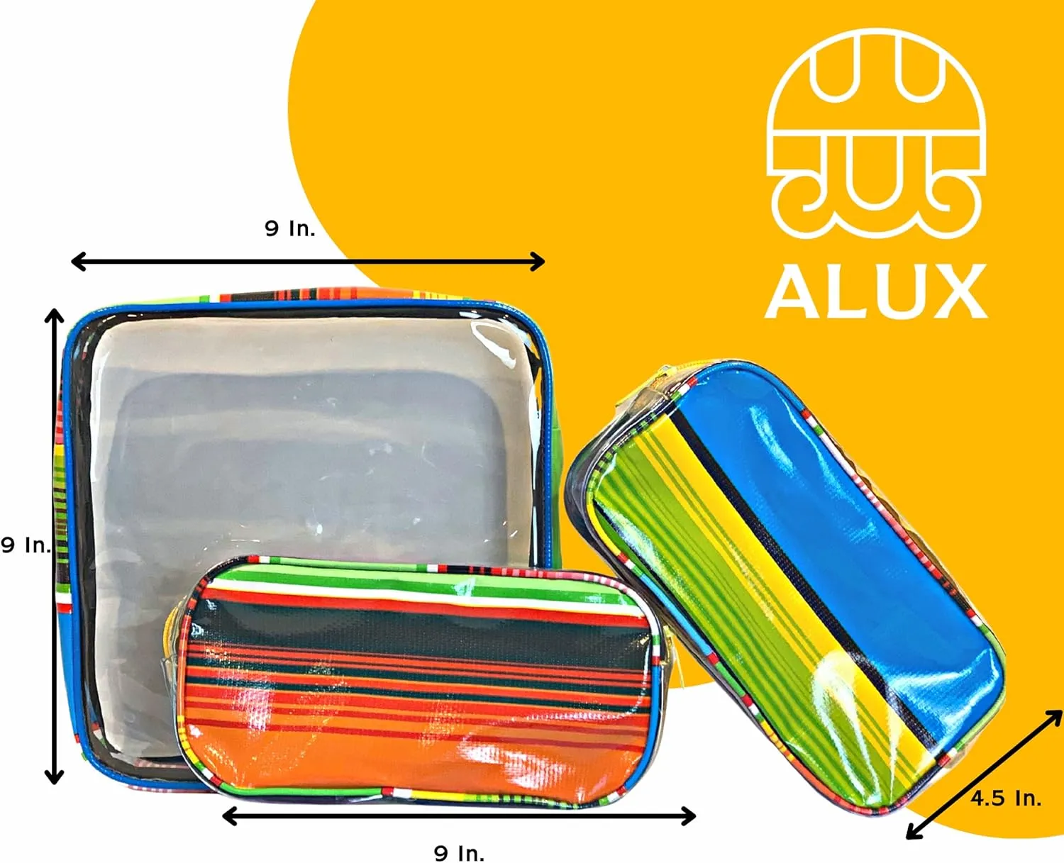 Alux 3-Pc Travel Makeup Bags for Women; Multi-Color, Chic and Stylish Travel Toiletry Bag Set; Large and Medium Makeup Bags for Vanity and Luggage and Small Makeup Bag for Purse - Serape Blue and Yellow