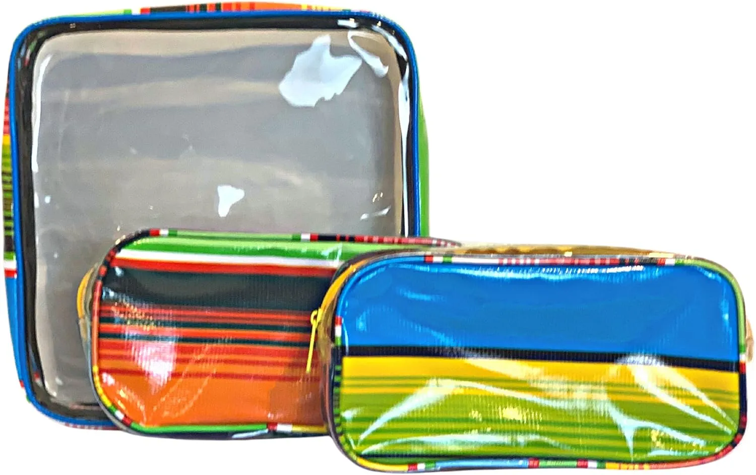 Alux 3-Pc Travel Makeup Bags for Women; Multi-Color, Chic and Stylish Travel Toiletry Bag Set; Large and Medium Makeup Bags for Vanity and Luggage and Small Makeup Bag for Purse - Serape Blue and Yellow