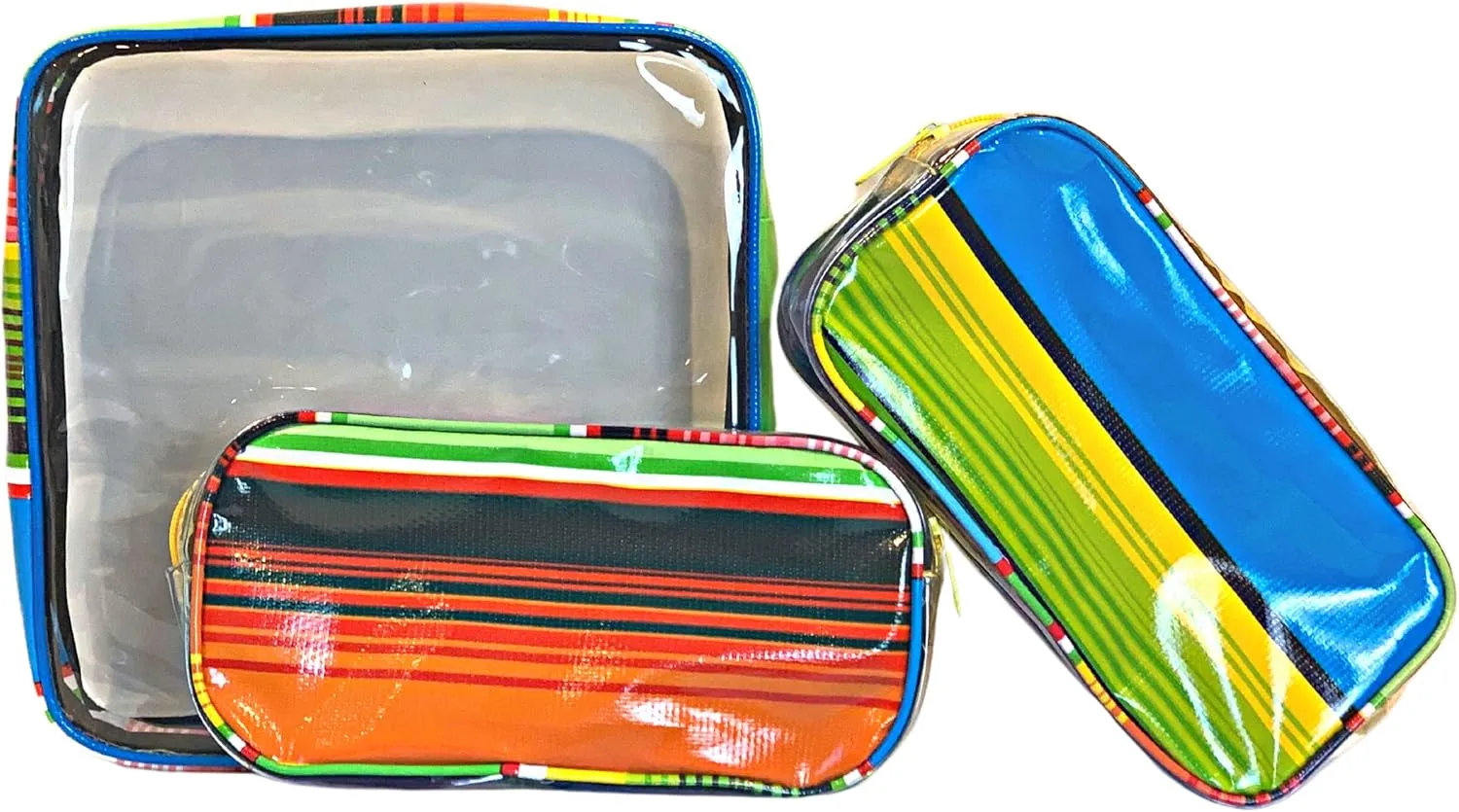 Alux 3-Pc Travel Makeup Bags for Women; Multi-Color, Chic and Stylish Travel Toiletry Bag Set; Large and Medium Makeup Bags for Vanity and Luggage and Small Makeup Bag for Purse - Serape Blue and Yellow