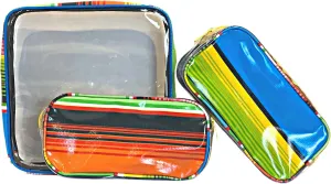 Alux 3-Pc Travel Makeup Bags for Women; Multi-Color, Chic and Stylish Travel Toiletry Bag Set; Large and Medium Makeup Bags for Vanity and Luggage and Small Makeup Bag for Purse - Serape Blue and Yellow
