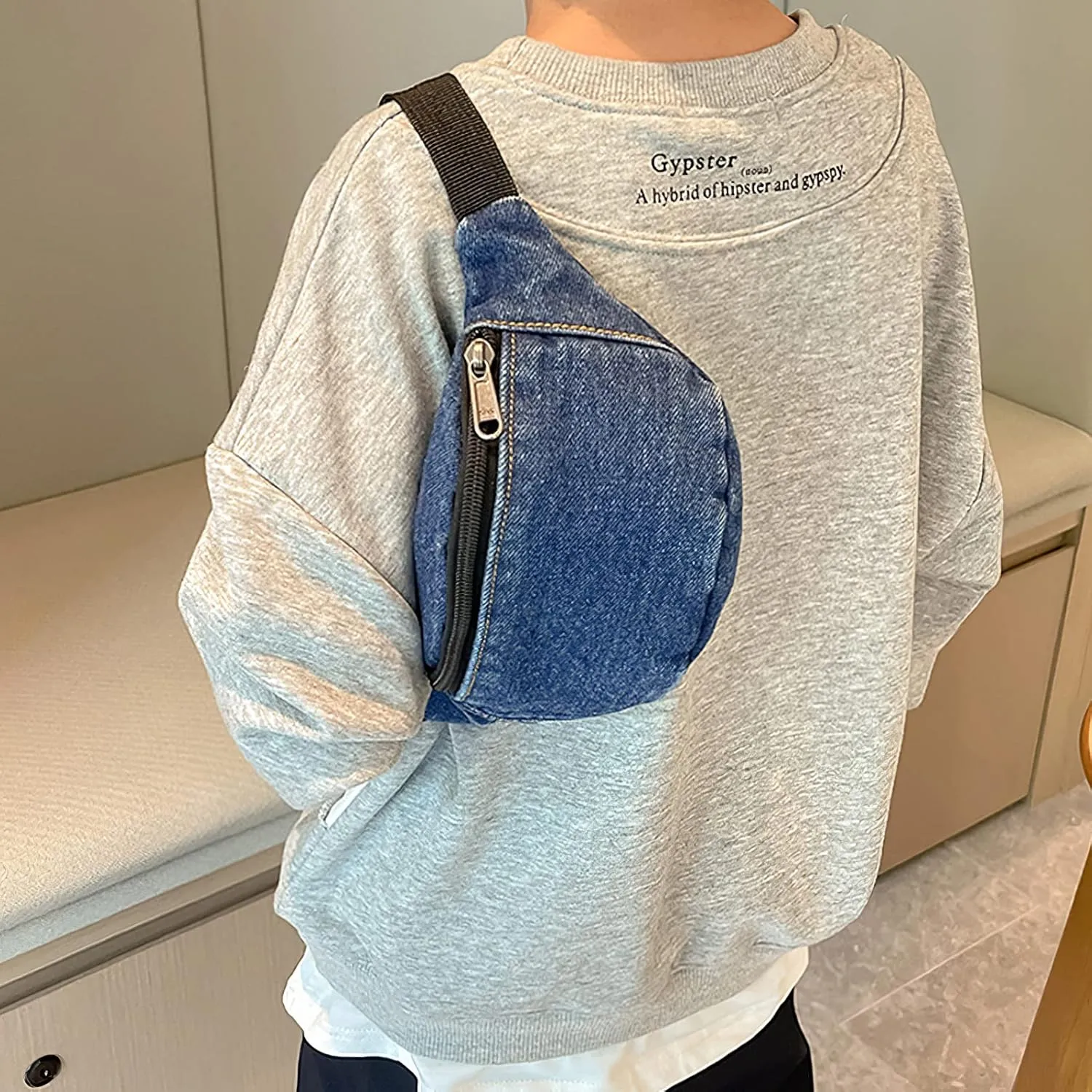 amokk Canvas Fanny Pack for Kids Crossbody Waist Bag for Unisex Toddler Boys Girls (Dark Denim)