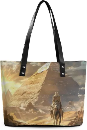 Ancient Egyptian Pyramids Women Tote Bag PU Leather Handbags Top Handle Bag Fashion Shoulder Purses with Zippered