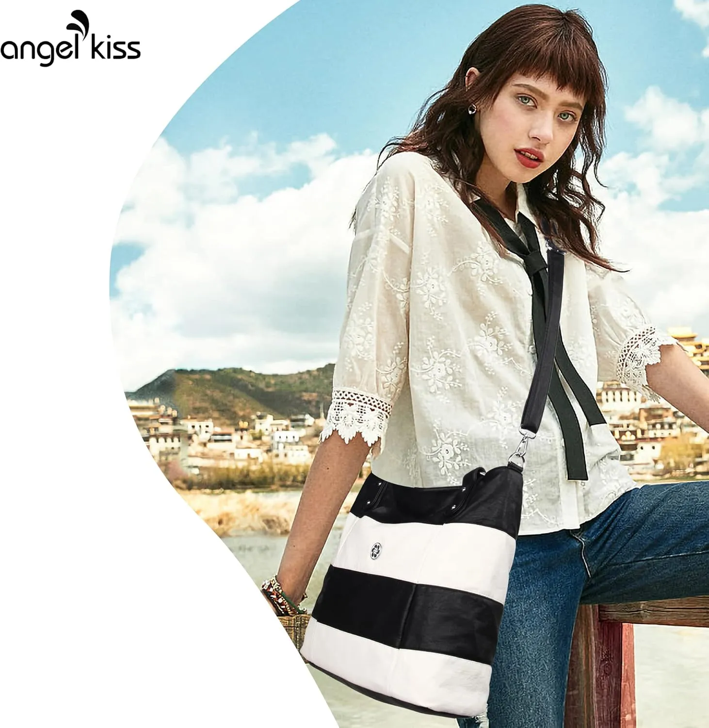 Angel Kiss Hobo Purses for Women Multi-Color Striped Lattice Cross Body Shoulder Purse Bag Tote Handbag