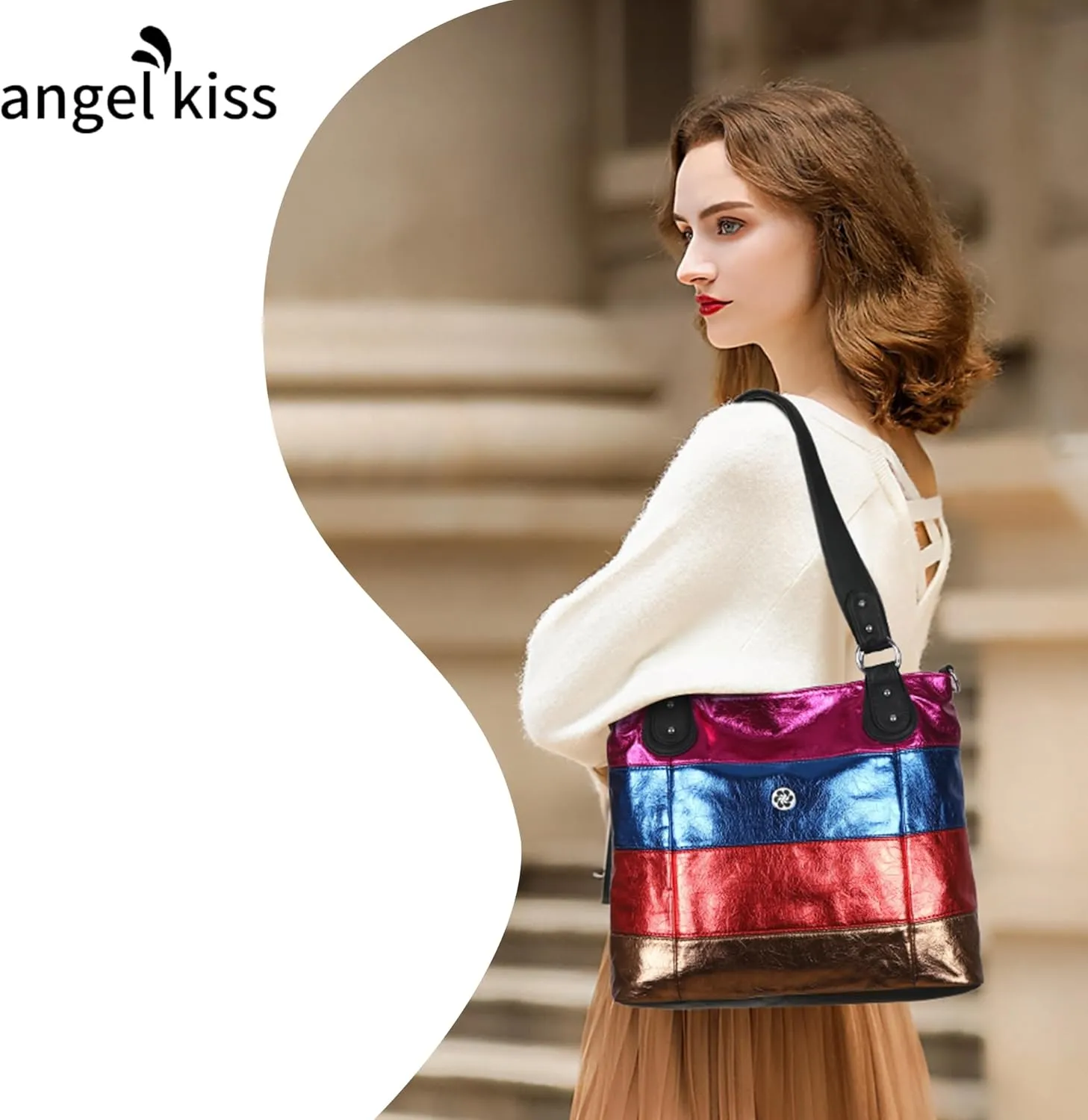 Angel Kiss Hobo Purses for Women Multi-Color Striped Lattice Cross Body Shoulder Purse Bag Tote Handbag