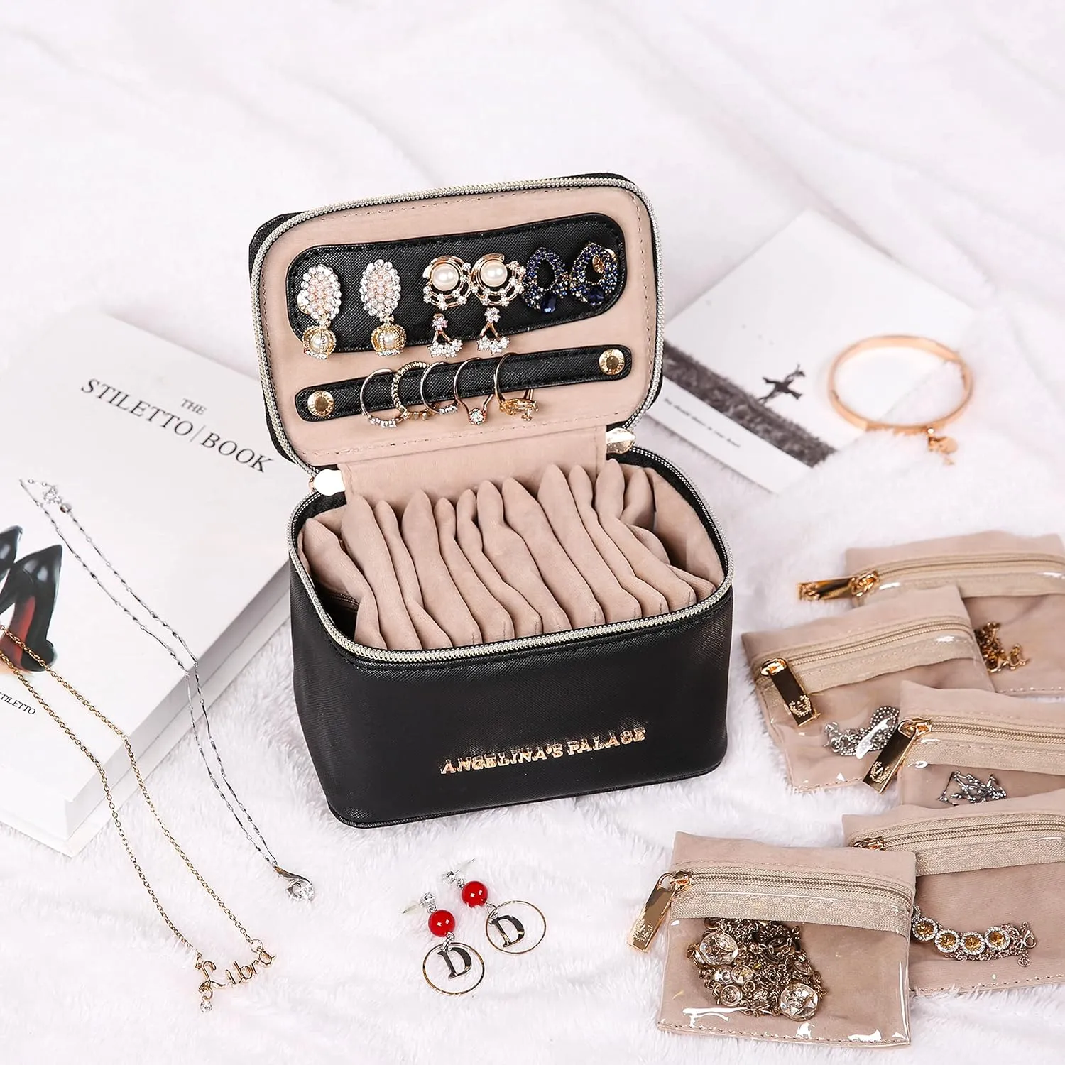 Angelina's Palace Jewelry Organizer Case Bridesmaid Gifts Travel Bag Vegan Leather Box for Necklace Earring Bracelet Ring(black)