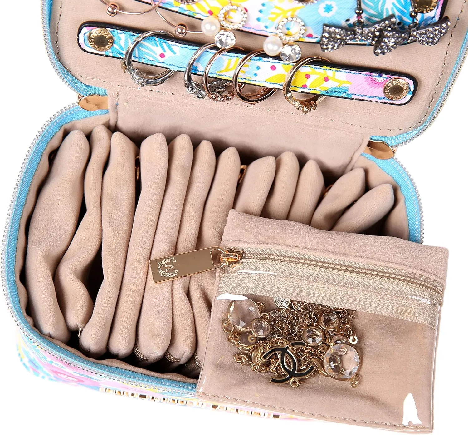 Angelina's Palace Jewelry Organizer Case Bridesmaid Gifts Travel Bag Vegan Leather Box for Necklace Earring Bracelet Ring(blossom blue)