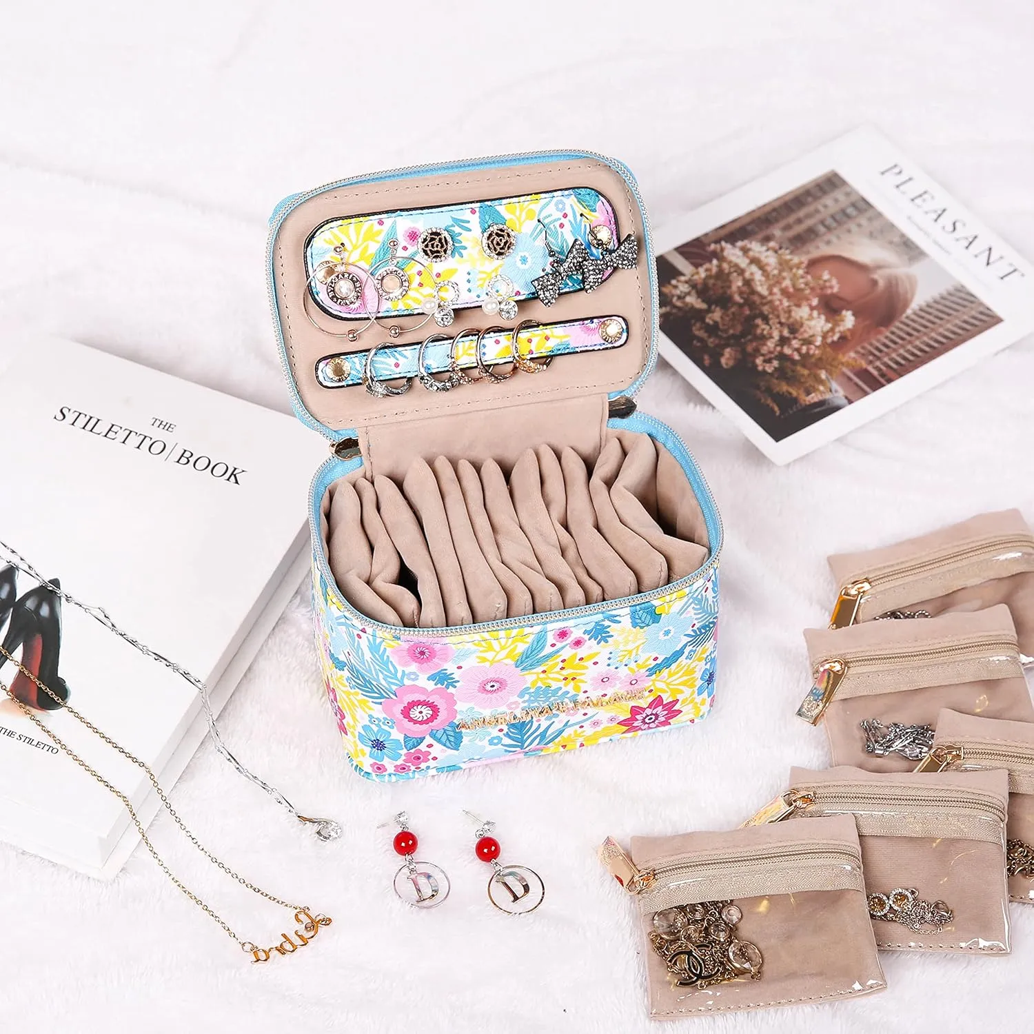 Angelina's Palace Jewelry Organizer Case Bridesmaid Gifts Travel Bag Vegan Leather Box for Necklace Earring Bracelet Ring(blossom blue)