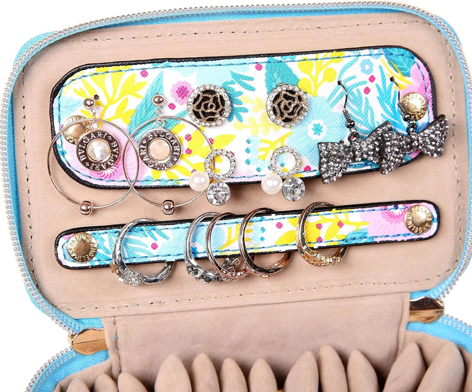 Angelina's Palace Jewelry Organizer Case Bridesmaid Gifts Travel Bag Vegan Leather Box for Necklace Earring Bracelet Ring(blossom blue)