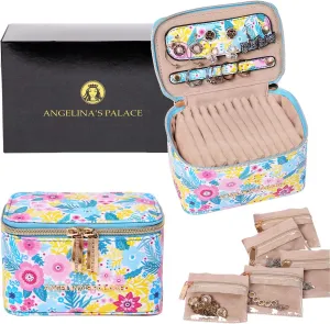 Angelina's Palace Jewelry Organizer Case Bridesmaid Gifts Travel Bag Vegan Leather Box for Necklace Earring Bracelet Ring(blossom blue)