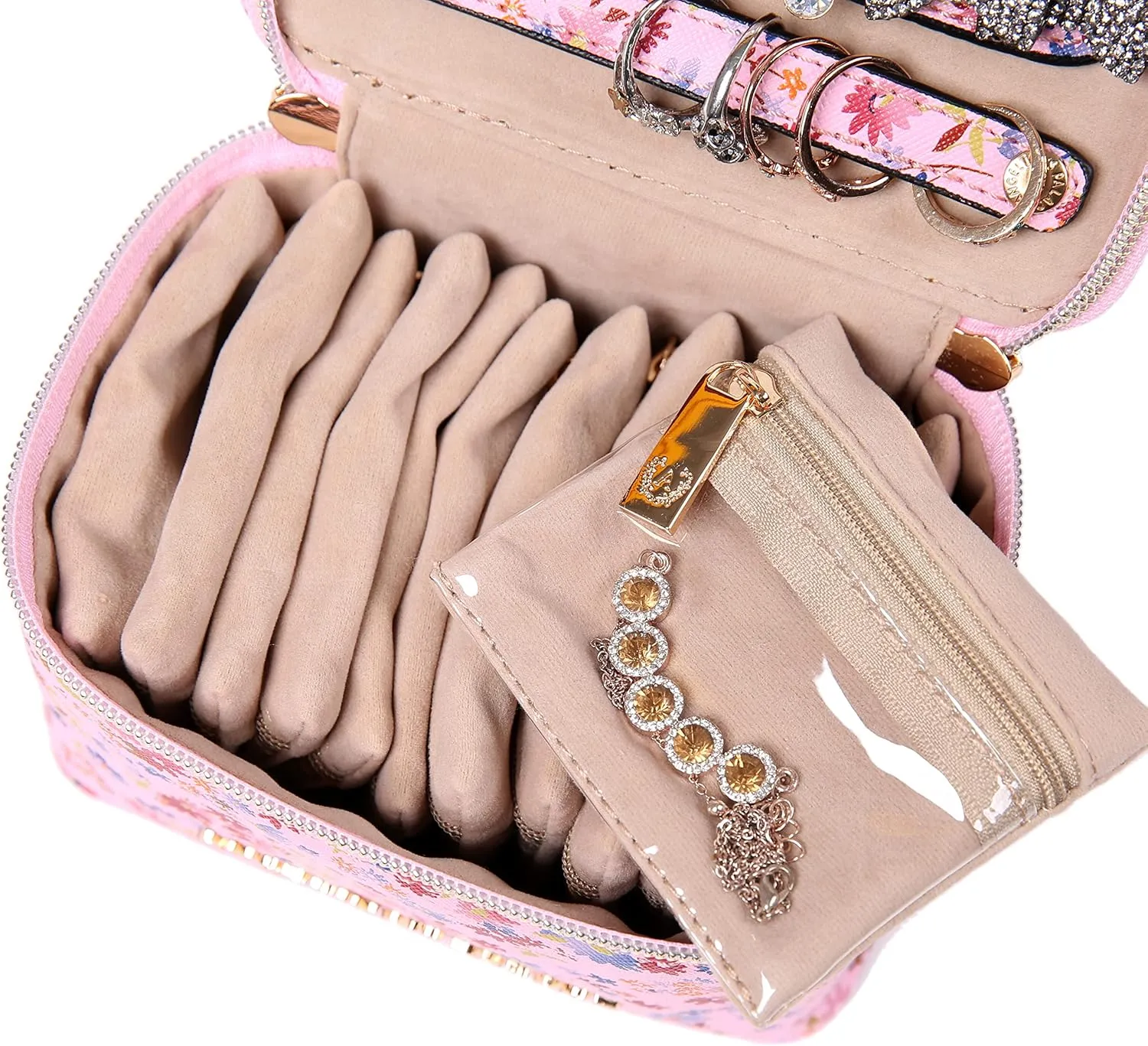 Angelina's Palace Jewelry Organizer Case Bridesmaid Gifts Travel Bag Vegan Leather Box for Necklace Earring Bracelet Ring(blossom pink)