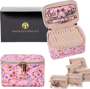 Angelina's Palace Jewelry Organizer Case Bridesmaid Gifts Travel Bag Vegan Leather Box for Necklace Earring Bracelet Ring(blossom pink)