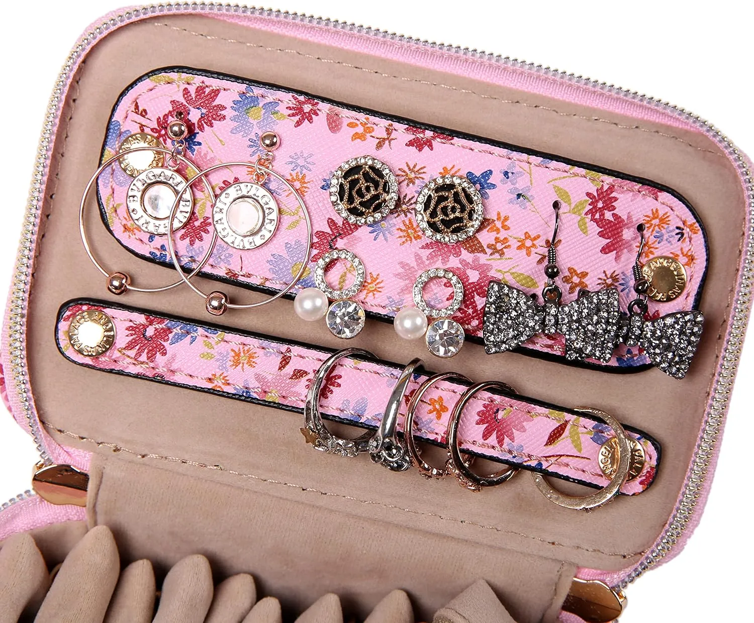 Angelina's Palace Jewelry Organizer Case Bridesmaid Gifts Travel Bag Vegan Leather Box for Necklace Earring Bracelet Ring(blossom pink)