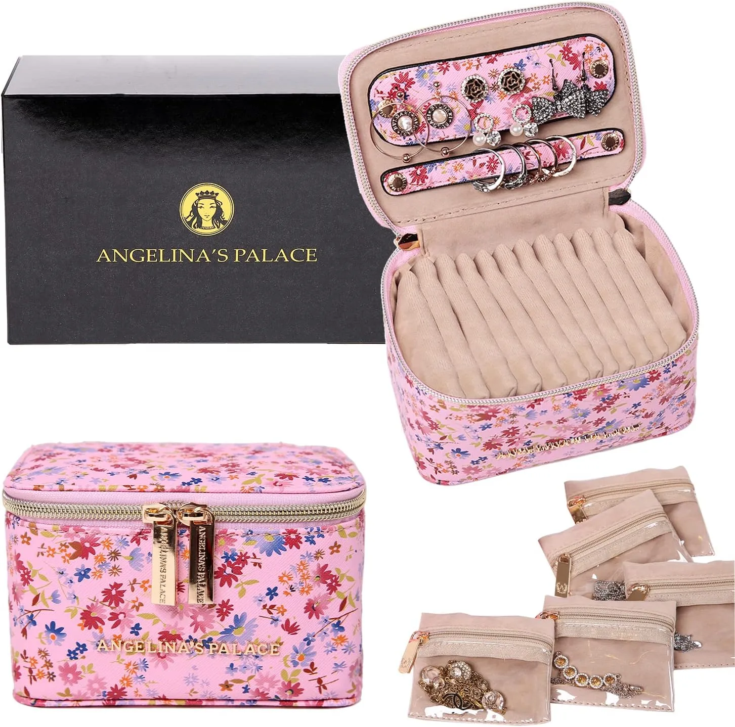 Angelina's Palace Jewelry Organizer Case Bridesmaid Gifts Travel Bag Vegan Leather Box for Necklace Earring Bracelet Ring(blossom pink)