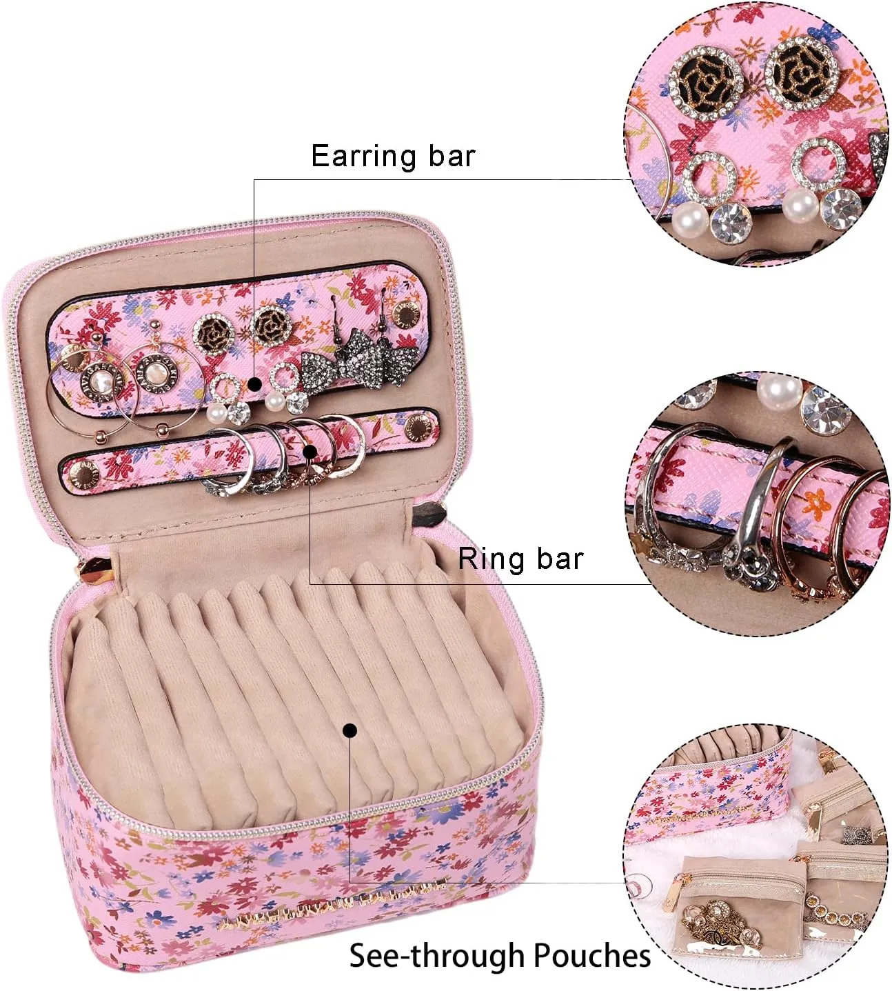 Angelina's Palace Jewelry Organizer Case Bridesmaid Gifts Travel Bag Vegan Leather Box for Necklace Earring Bracelet Ring(blossom pink)