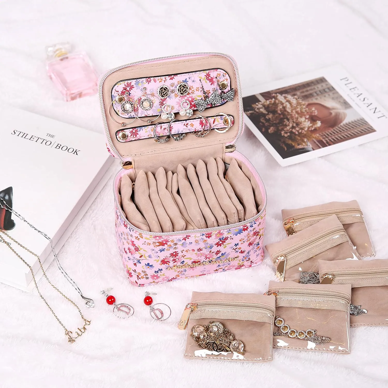 Angelina's Palace Jewelry Organizer Case Bridesmaid Gifts Travel Bag Vegan Leather Box for Necklace Earring Bracelet Ring(blossom pink)