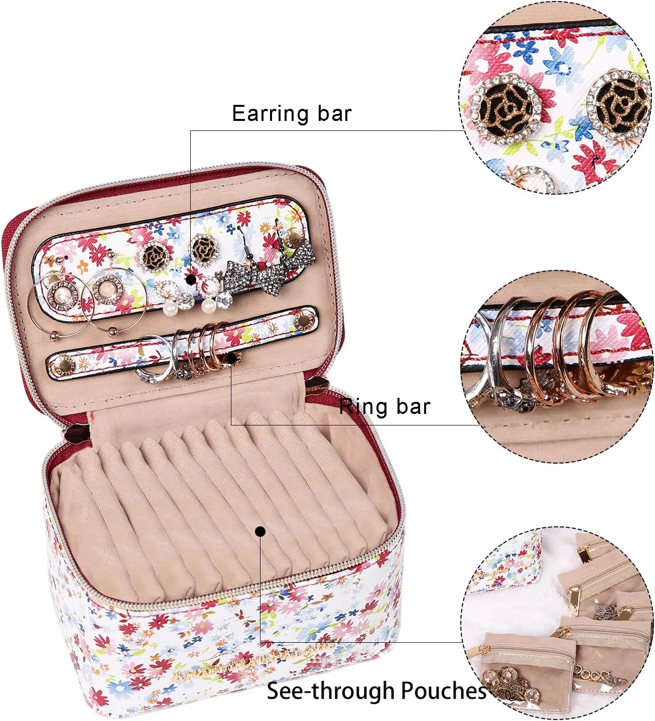 Angelina's Palace Jewelry Organizer Case Bridesmaid Gifts Travel Bag Vegan Leather Box for Necklace Earring Bracelet Ring(blossom wine)