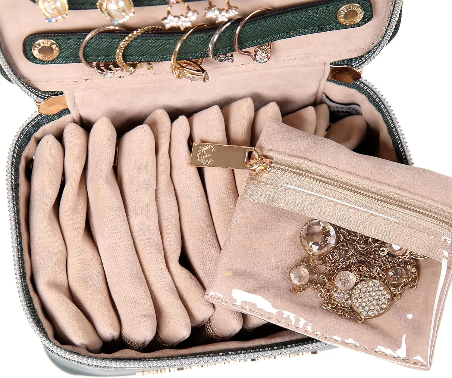 Angelina's Palace Jewelry Organizer Case Bridesmaid Gifts Travel Bag Vegan Leather Box for Necklace Earring Bracelet Ring(deep evergreen)