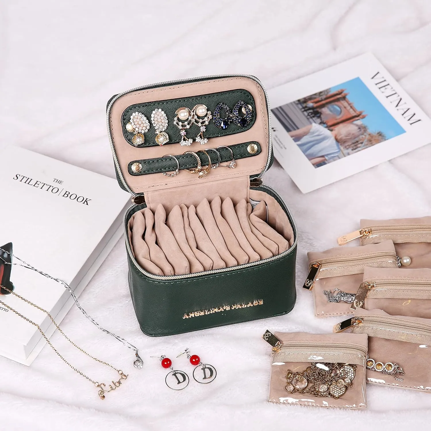 Angelina's Palace Jewelry Organizer Case Bridesmaid Gifts Travel Bag Vegan Leather Box for Necklace Earring Bracelet Ring(deep evergreen)