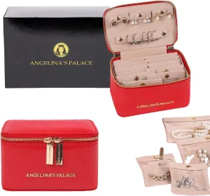 Angelina's Palace Snakeskin Pattern Jewelry Organizer Case Bridesmaid Gifts Travel Bag Vegan Leather Box for Necklace Earring Bracelet Ring(Red)