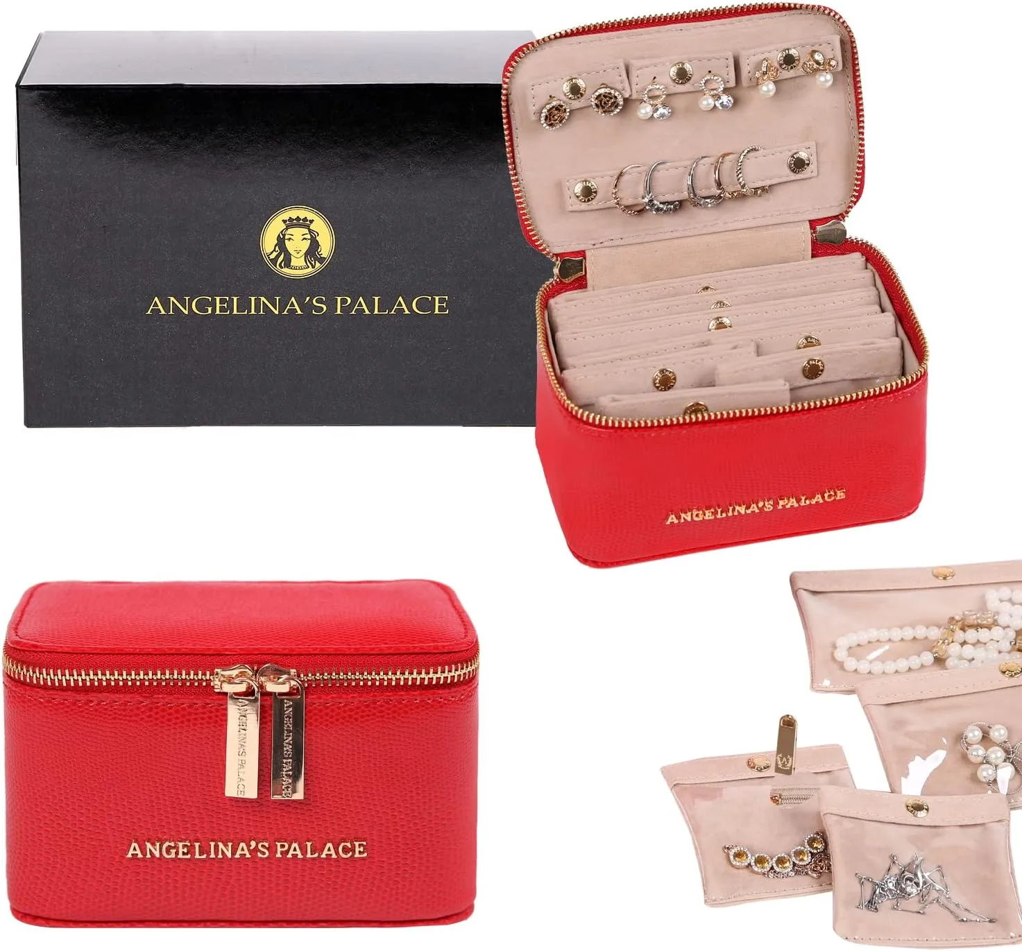 Angelina's Palace Snakeskin Pattern Jewelry Organizer Case Bridesmaid Gifts Travel Bag Vegan Leather Box for Necklace Earring Bracelet Ring(Red)