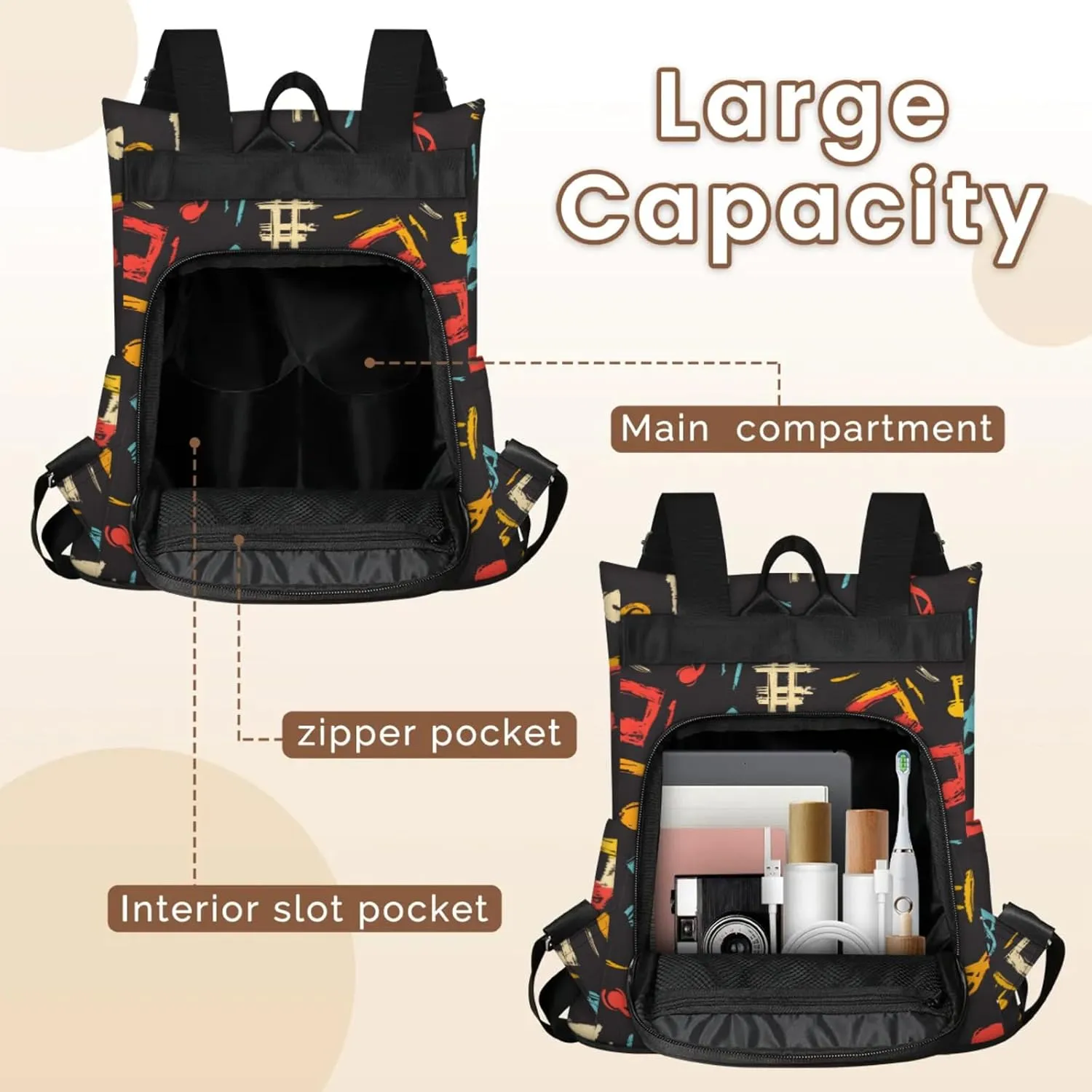 Anti-Theft Backpack for Women Colorful Music Notes Lightweight Mini Backpack Purse Small Travel Backpack with Secure Zipper Fashion Backpack Purses for Women Daily Use & Gifts
