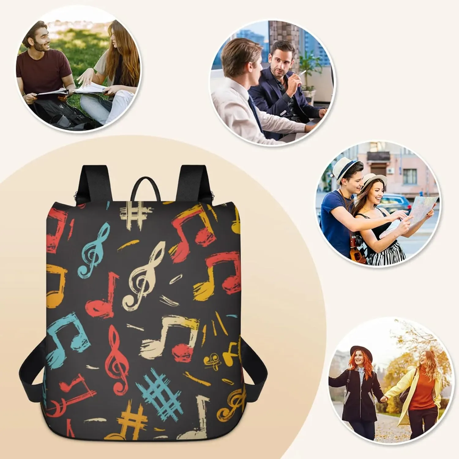 Anti-Theft Backpack for Women Colorful Music Notes Lightweight Mini Backpack Purse Small Travel Backpack with Secure Zipper Fashion Backpack Purses for Women Daily Use & Gifts