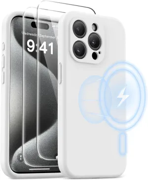 AOTESIER Magnetic for iPhone 15 Pro Case, [Compatible with Magsafe] [Food Grade Silicone] Upgraded Camera & Screen Protection Phone Case with [2 Screen Protectors], 6.1 inch, White