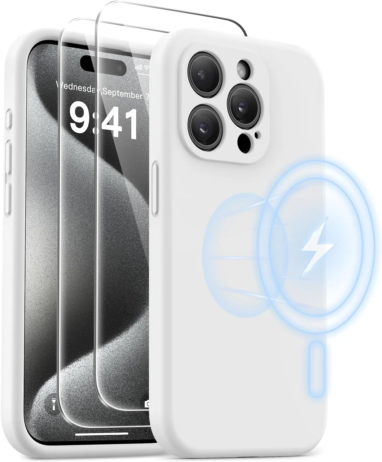 AOTESIER Magnetic for iPhone 15 Pro Case, [Compatible with Magsafe] [Food Grade Silicone] Upgraded Camera & Screen Protection Phone Case with [2 Screen Protectors], 6.1 inch, White