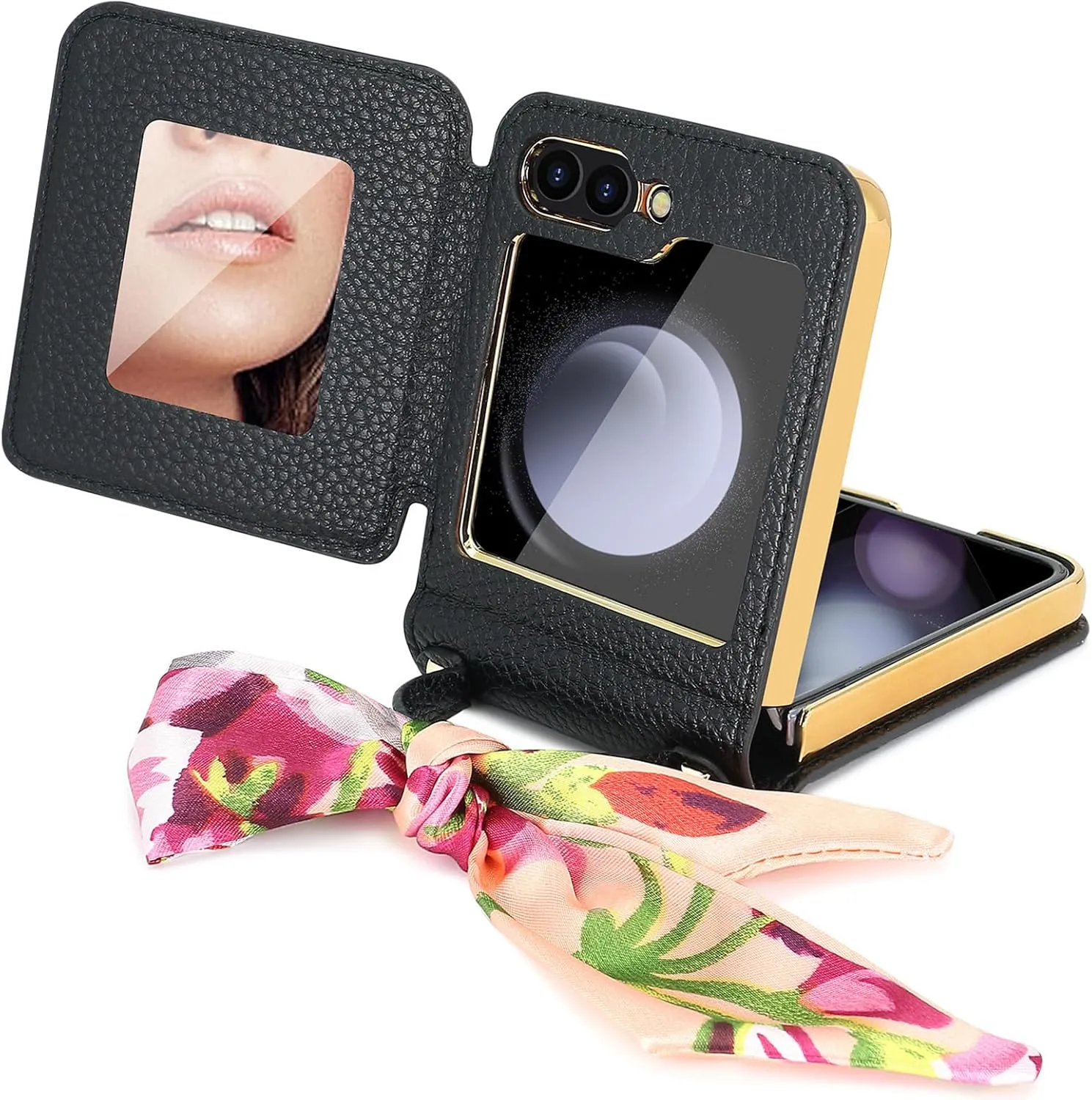 aowner for Samsung Galaxy Z Flip 6 Leather Case with [Hinge Protection] [Screen Protector] Handbag Strap with Floral Silk Scarf Makeup Mirror Case for Women Girls Slim Gold Edge Shockproof-White