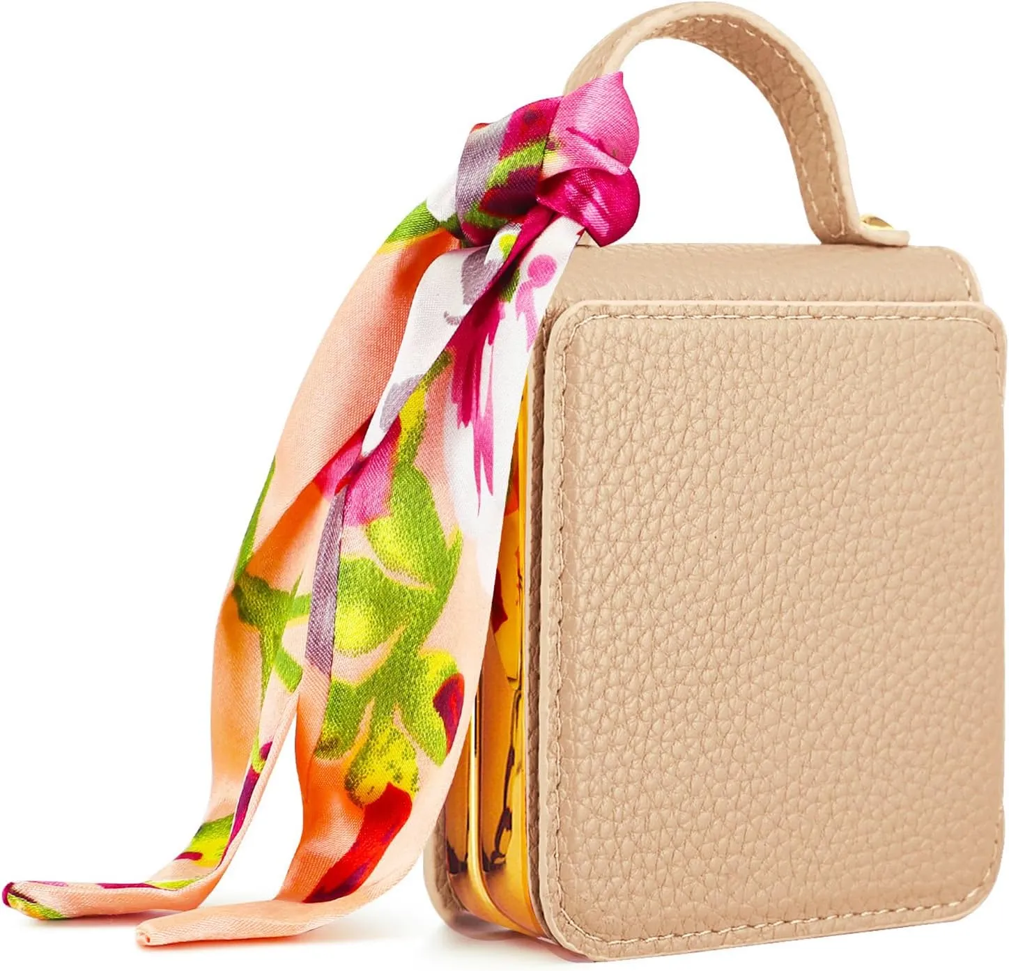 aowner for Samsung Galaxy Z Flip 6 Leather Case with [Hinge Protection] [Screen Protector] Handbag Strap with Floral Silk Scarf Makeup Mirror Case for Women Girls Slim Gold Edge Shockproof-White