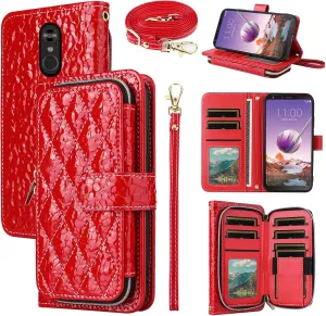 Argyle Wallet Case for LG Stylo 4 with Crossbody/Wrist Strap PU Leather Kickstand Zipper Purse Shockproof Cell Phone Cover for Stylo4 Plus LGstylo4 Sylo4 Style 04 4  Q Stylus Alpha Stlo4 Red