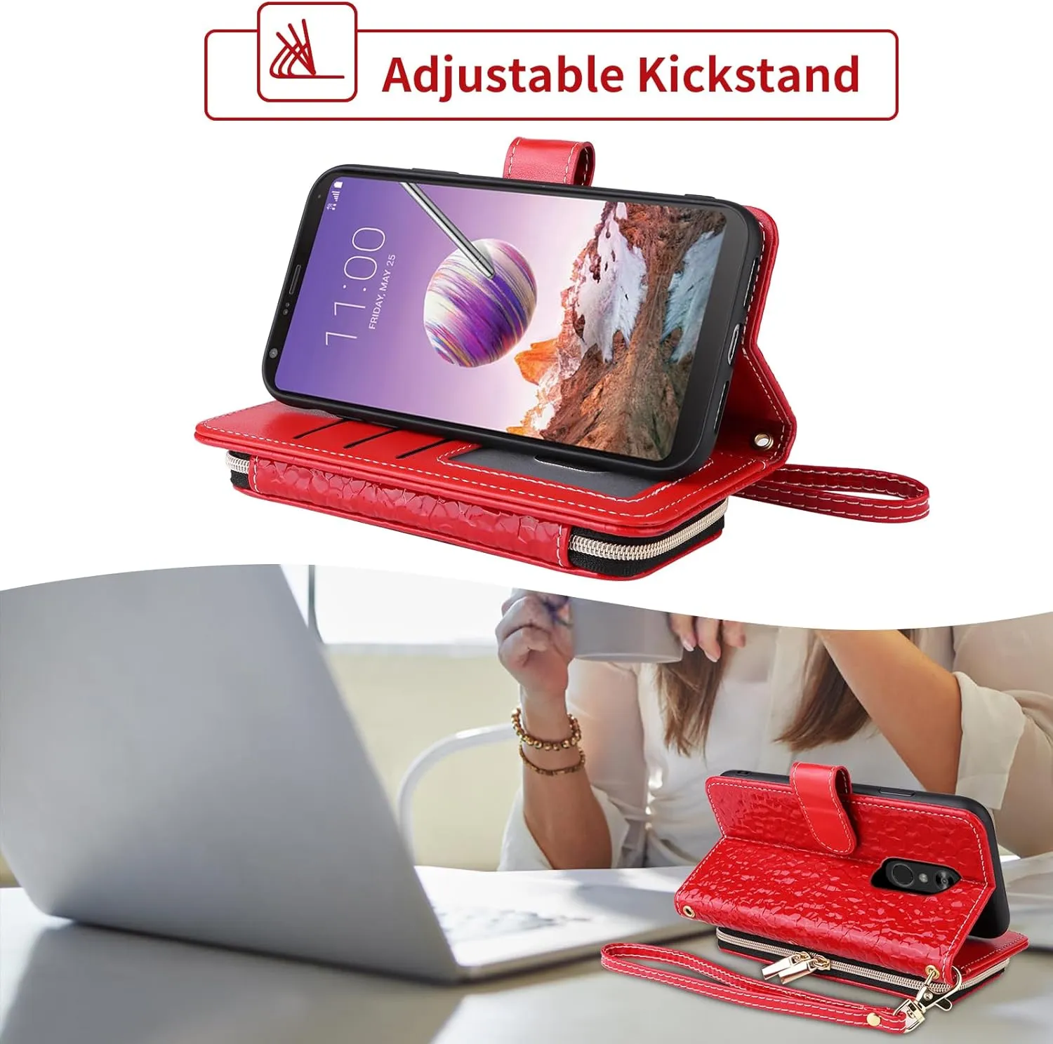 Argyle Wallet Case for LG Stylo 4 with Crossbody/Wrist Strap PU Leather Kickstand Zipper Purse Shockproof Cell Phone Cover for Stylo4 Plus LGstylo4 Sylo4 Style 04 4  Q Stylus Alpha Stlo4 Red