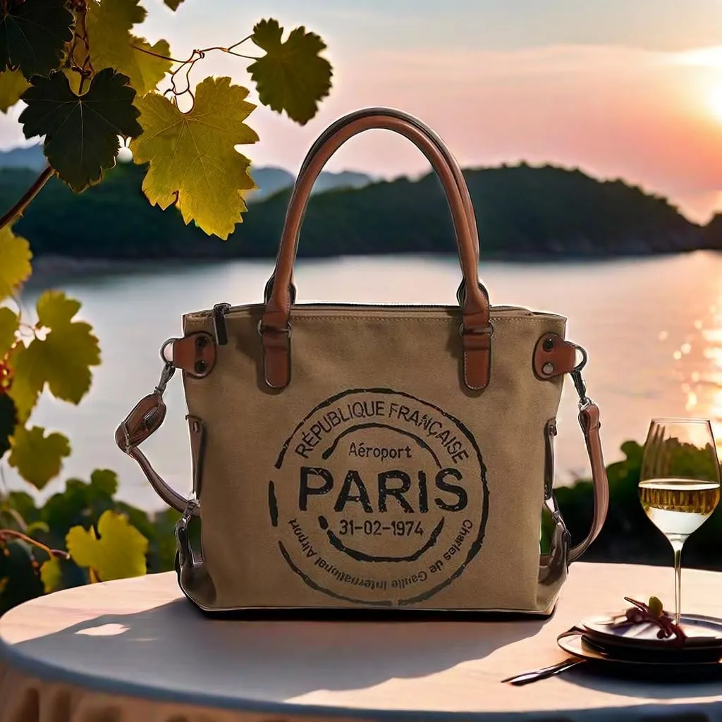 ARREBOL Women Vintage Paris Lightweight Canvas Tote Crossbody Bag with Zipper for Work