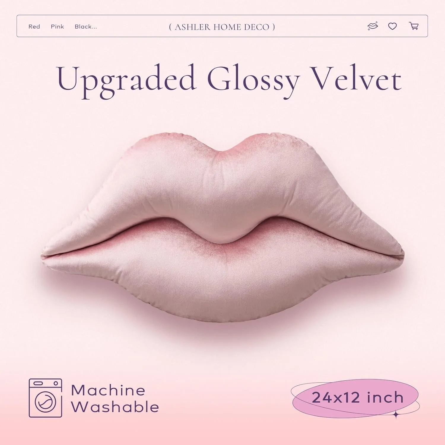 Ashler Upgraded Glossy Velvet Lip Shape Throw Pillow, Delicately Soft, Glossy Shimmering and Brilliant with Velvet Backing for Sofa, Bed and Living Room, Pink, 24 X 12 Inches