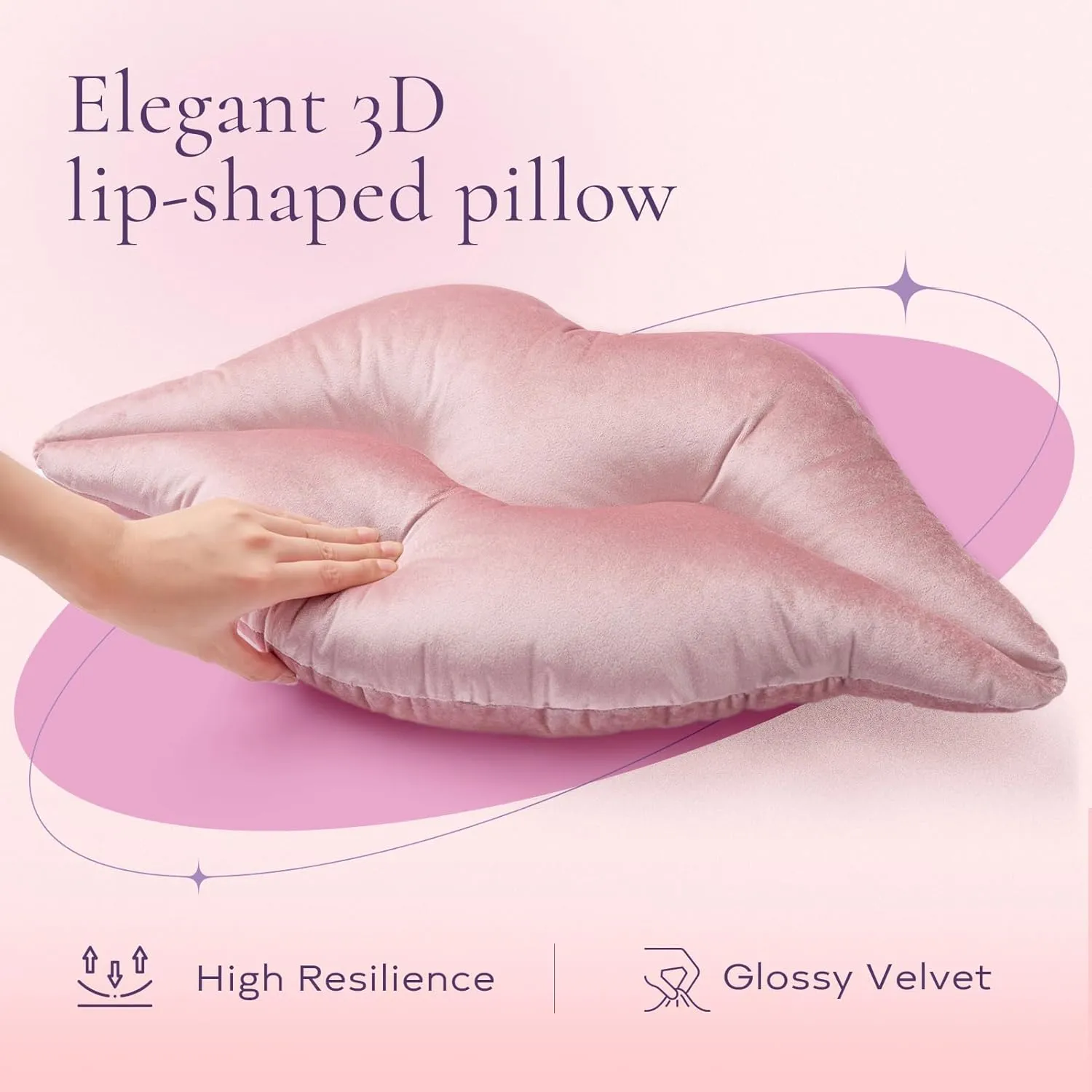 Ashler Upgraded Glossy Velvet Lip Shape Throw Pillow, Delicately Soft, Glossy Shimmering and Brilliant with Velvet Backing for Sofa, Bed and Living Room, Pink, 24 X 12 Inches