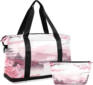 Asian Style Pink Gym Bag - Weekender Overnight Bags for Women Men, Sport Travel Duffel Bag with Wet Pocket & Shoe Compartment
