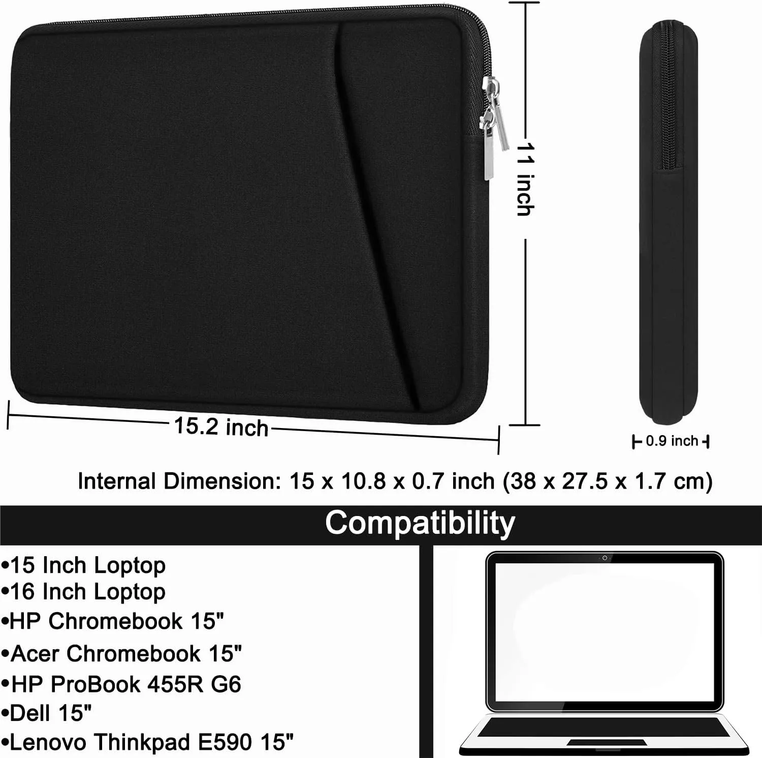 Askuko 15 inch Laptop Sleeve Bag, Shockproof Protective Case Cover, Handbags Portable Notebook Bag for 15-16 inch HP Dell Asus Lenovo Computer, Laptop Case with Front Pocket, Black