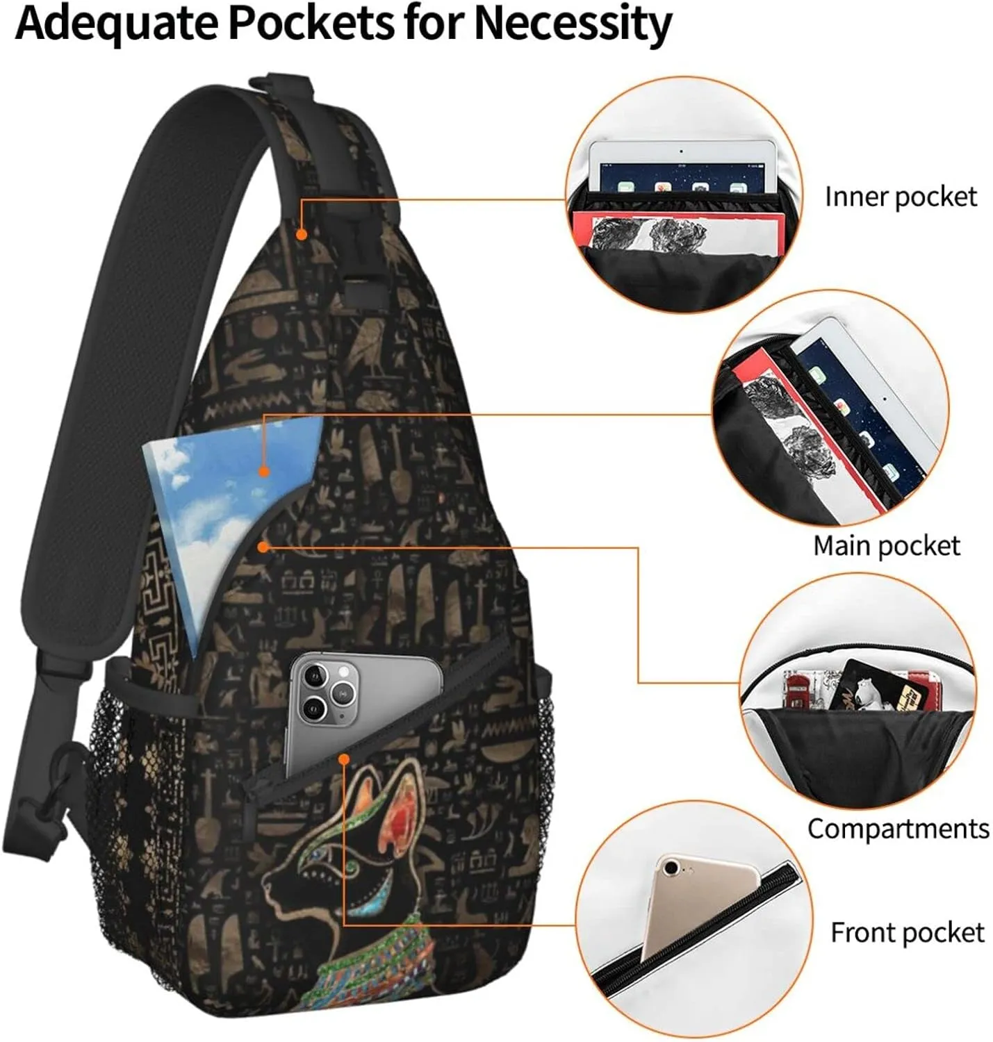 ASYG Ancient Egyptian Sling Bag Crossbody Chest Daypack Casual Backpack Egyptian Shoulder Bag Egyptian Decor