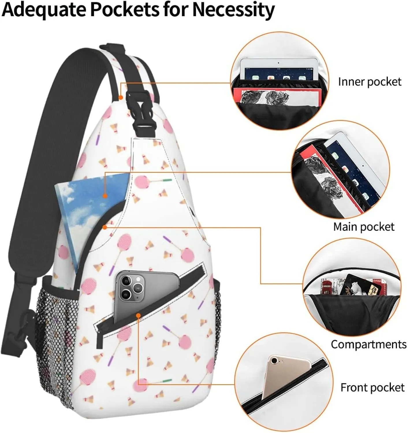 ASYG Tennis Sling Bag Sport Crossbody Chest Daypack Casual Backpack Tennis Shoulder Bag For Travel Picnic