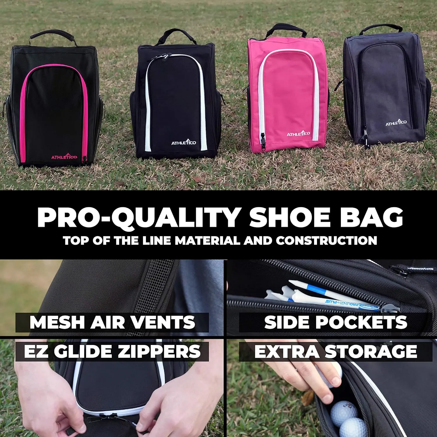 Athletico Golf Shoe Bag - Zippered Shoe Carrier Bags With Ventilation & Outside Pocket for Socks, Tees, etc. (Pink)