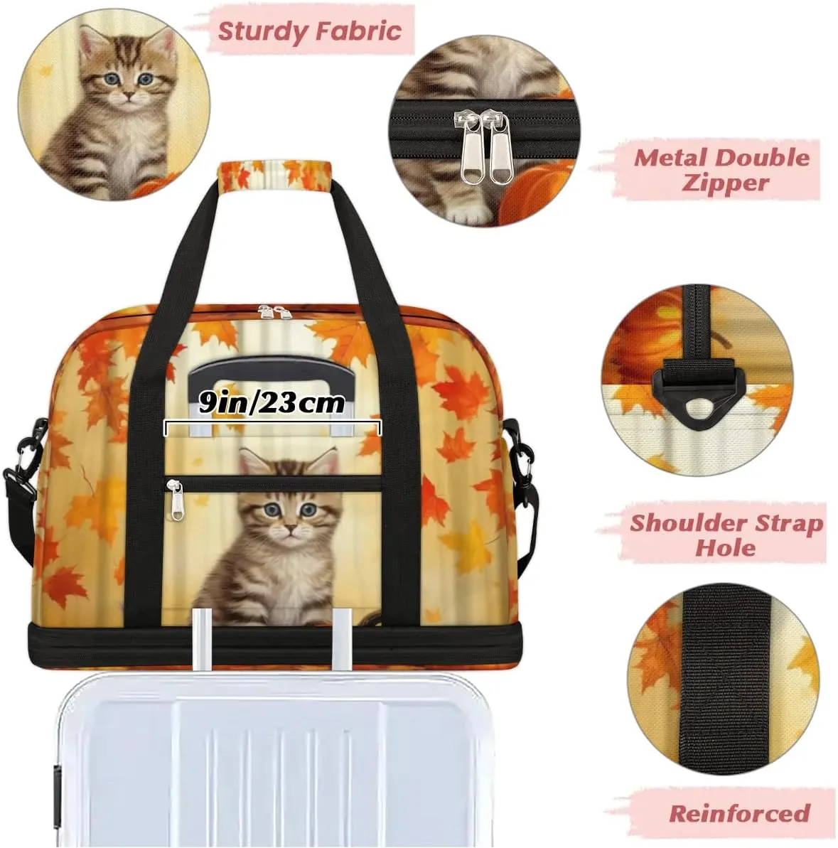 Autumn Pumpkin Cat Sports Gym Bag with Shoes Compartment Foldable Travel Duffel Bag Dry Wet Separated Sports Tote Workout Weekender Overnight Bag for Women Yoga Dance Work Training Handbag