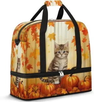 Autumn Pumpkin Cat Sports Gym Bag with Shoes Compartment Foldable Travel Duffel Bag Dry Wet Separated Sports Tote Workout Weekender Overnight Bag for Women Yoga Dance Work Training Handbag