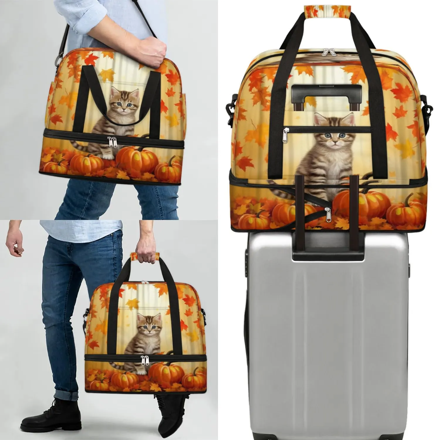 Autumn Pumpkin Cat Sports Gym Bag with Shoes Compartment Foldable Travel Duffel Bag Dry Wet Separated Sports Tote Workout Weekender Overnight Bag for Women Yoga Dance Work Training Handbag