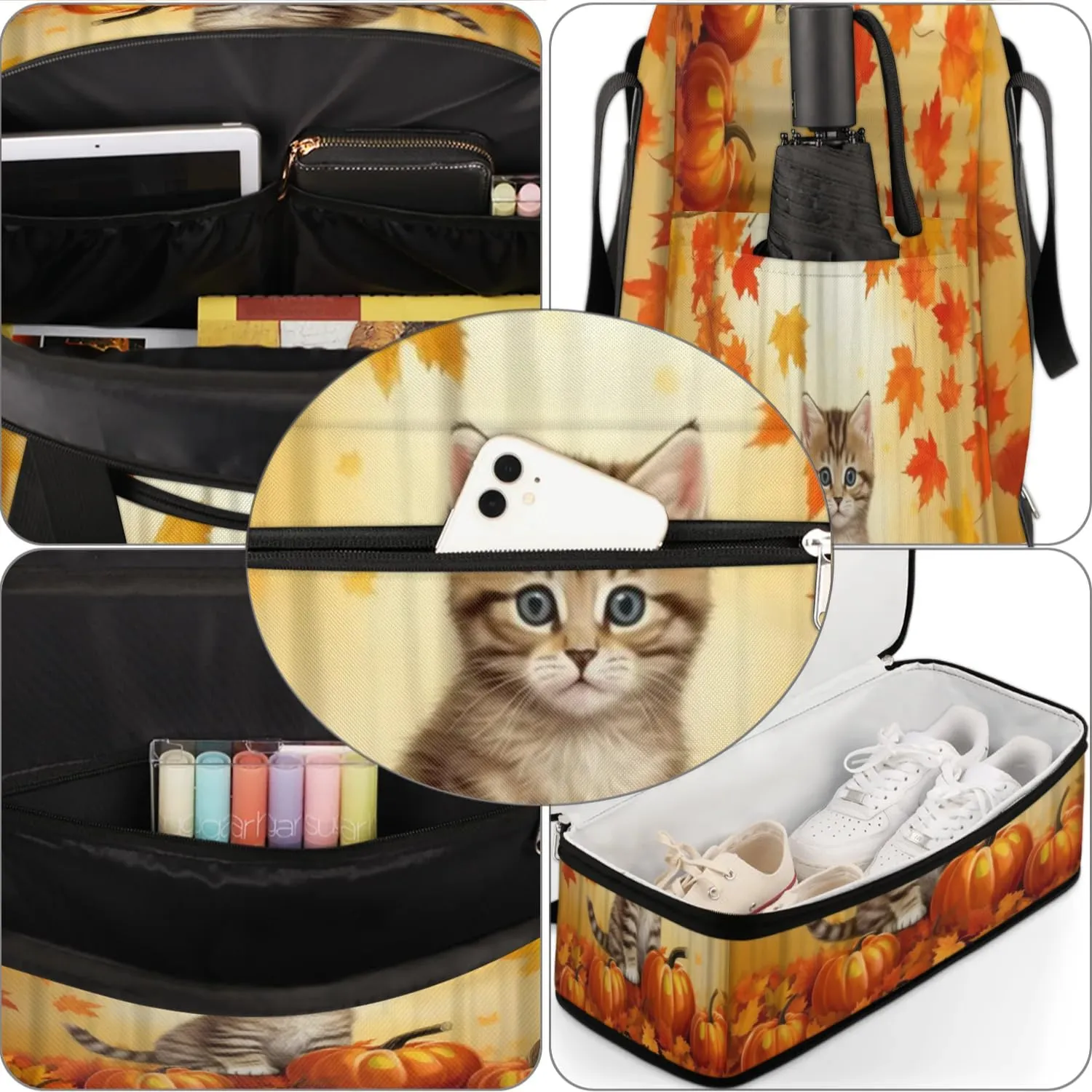 Autumn Pumpkin Cat Sports Gym Bag with Shoes Compartment Foldable Travel Duffel Bag Dry Wet Separated Sports Tote Workout Weekender Overnight Bag for Women Yoga Dance Work Training Handbag