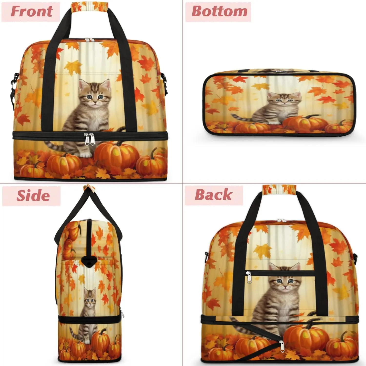 Autumn Pumpkin Cat Sports Gym Bag with Shoes Compartment Foldable Travel Duffel Bag Dry Wet Separated Sports Tote Workout Weekender Overnight Bag for Women Yoga Dance Work Training Handbag